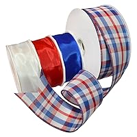 Morex Ribbon Patriotic Plaid 3-Pack Wired Ribbon, Mixed Widths by 132 Yards Total, Red/Silver/Blue