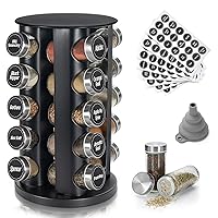 Black Countertop Revolving Spice Rack, Empty 20-Jars Rotating Spice Rack Organizer, Round Carousel Tower, 135 Spice Labels with Funnel Complete Set, for Kitchen Countertop, Cabinet