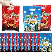 50 PCS Hero Party Favors Bags Comic Hero Goodie Bags Hero Action Sign Candy Treat Bag Durable Plastic Hero Theme Valentine's Day Gift Bag for Boys Girls Birthday Baby Shower Party Decorations Supplies