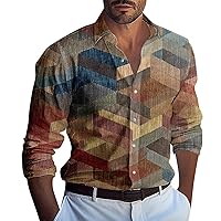 Men's Casual Long Sleeve Button Down Shirts Band Collar Print Summer Beach Shirts Basic Lightweight Shirts Blouse