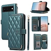 Furiet Wallet Case for Google Pixel 6 with Detachable Wrist Strap, 9+ Card Slots Zipper Purse, Luxury PU Leather Stand Full Body Accessories Cell Phone Cover for Pixel6 Pixle Six Women Girls Green