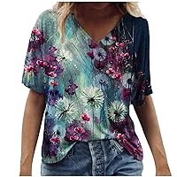 Women Tops,Summer Casual Scenic Flowers Print Graphic Tees V Neck Short Sleeve T-Shirt Tops Casual Dressy Blouses Plus Size