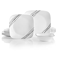 Vitrelle 18-Piece Service for 6 Dinnerware Set, Triple Layer Glass and Chip Resistant, Lightweight Square Plates and Bowls Set, Simple Sketch