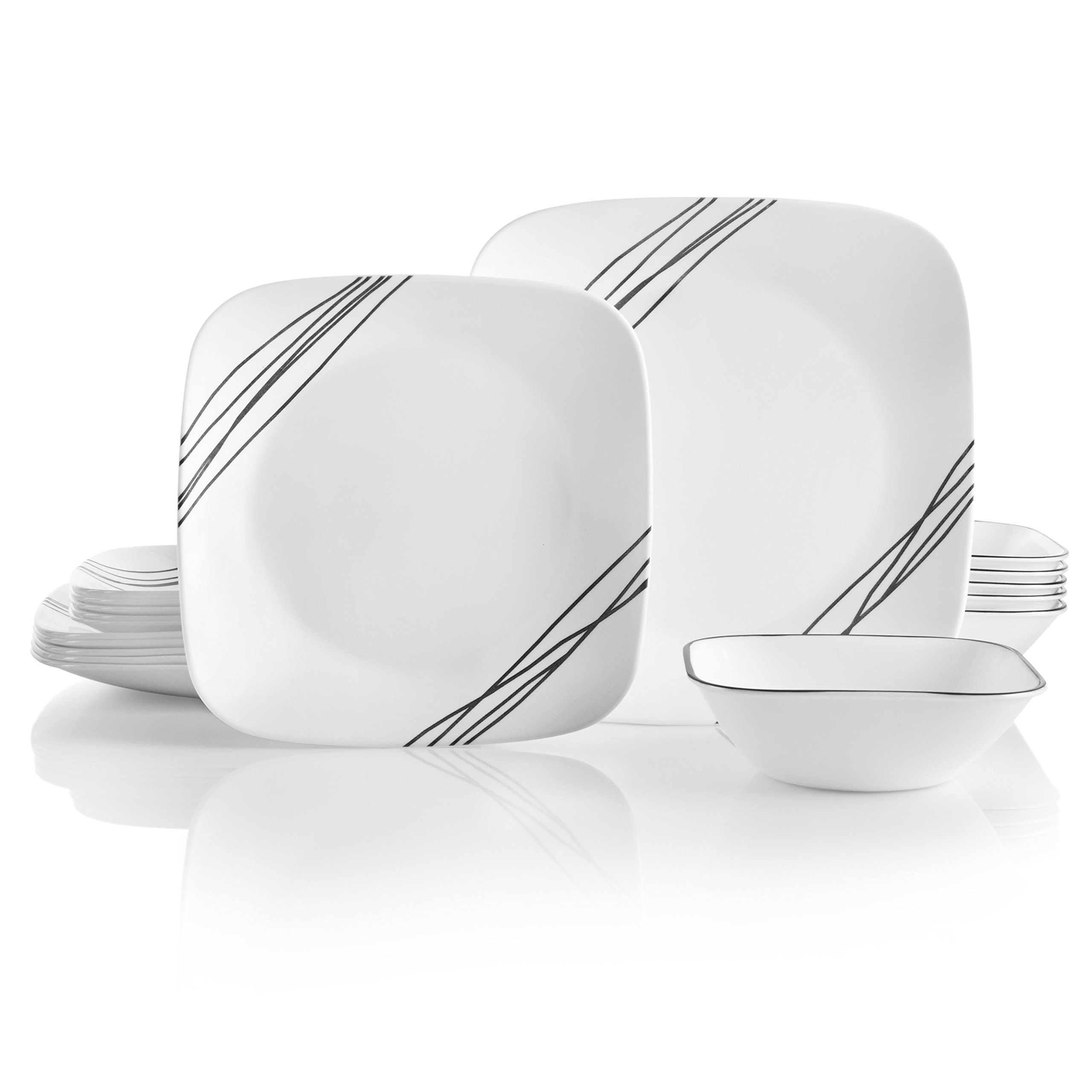 Corelle Vitrelle 18-Piece Service for 6 Dinnerware Set, Triple Layer Glass and Chip Resistant, Lightweight Square Plates and Bowls Set, Simple Sketch