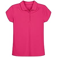 Girls' School Uniform Short Sleeve Polo Shirt, Button Closure, Moisture Wicking Performance Material, Shirring Detail