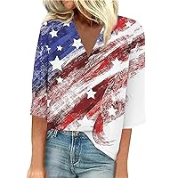 3/4 Length Sleeve Womens Tops V Neck 4th of July T Shirts American Flag Print Shirt Patriotic Blouse Graphic Tees