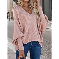 Solid Batwing Sleeve V Neck Sweater - Casual Loose Fit Pullover (Color : Pink, Size : Small)