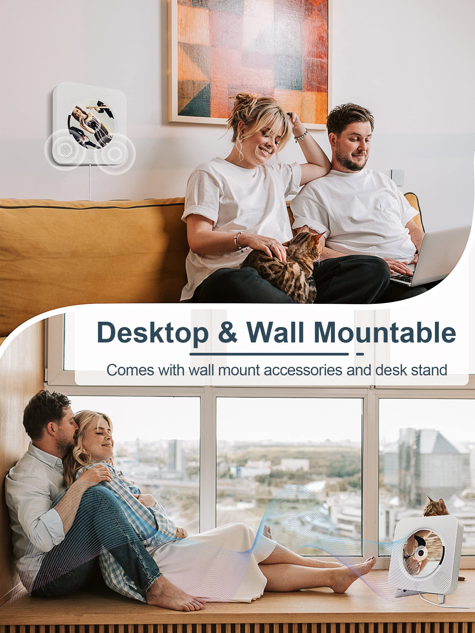 Portable Wall Mounted CD Player with Bluetooth, Homlab Mountable CD Music Player Built-in HiFi Speakers, Home Audio Boombox with Remote Control, FM Radio, LCD Display, Headphone Jack AUX USB TF Input