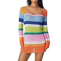 Women Vintage Square Crochet Knitted Dress Halter Neck Hollow Out Striped Mini Dresses Fashion Crocheting Streetwear