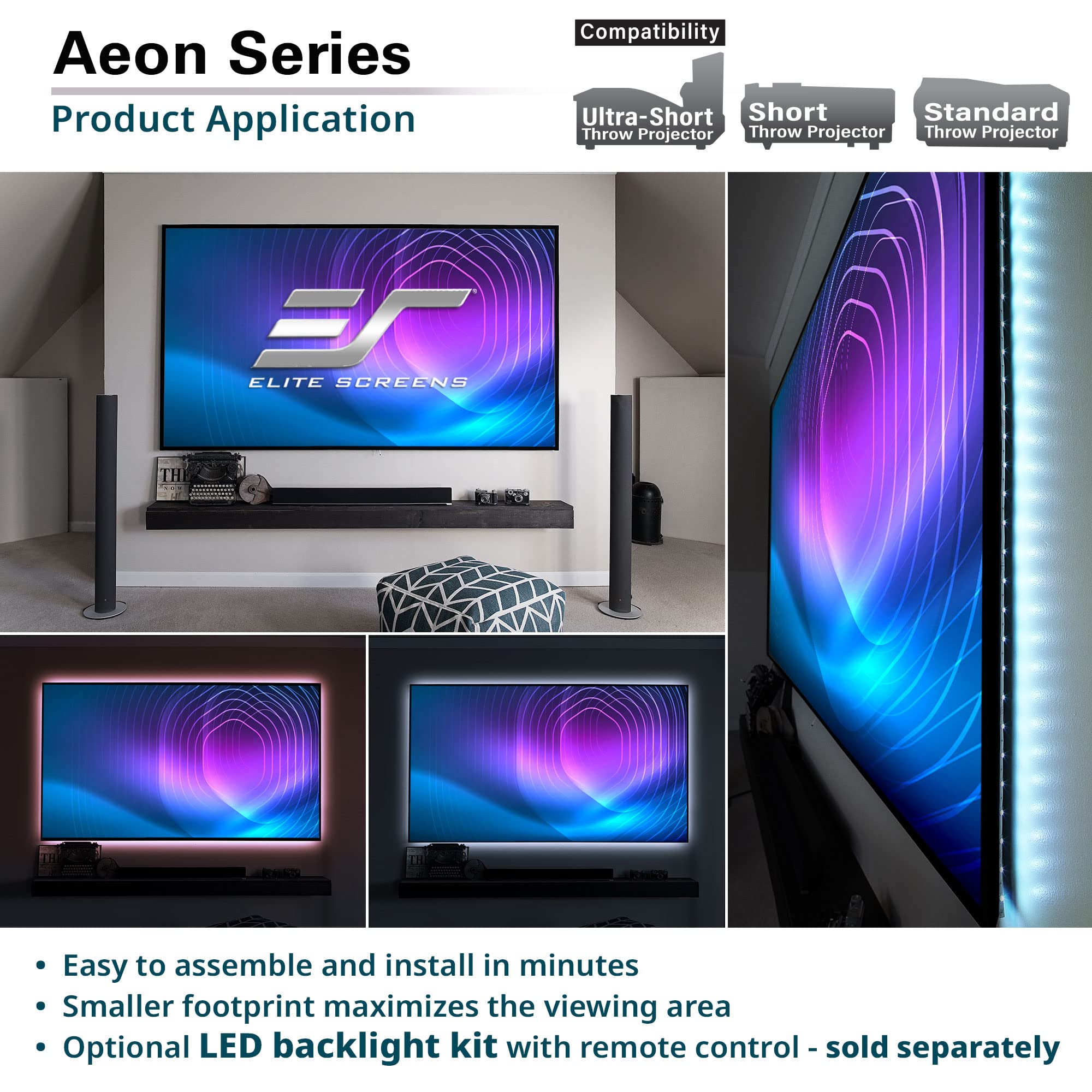 Elite Screens Aeon Series, 150-inch 16:9, 8K / 4K Ultra HD Home Theater Fixed Frame EDGE FREE Borderless Projector Screen, CineWhite UHD-B Front Projection Screen, AR150WH2, 150-inch / 16:9