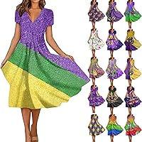 Women's Mardi Gras Printed Short Sleeve Dress Sexy V-Neck Mask Pattern Party Swing Flowing Dresses