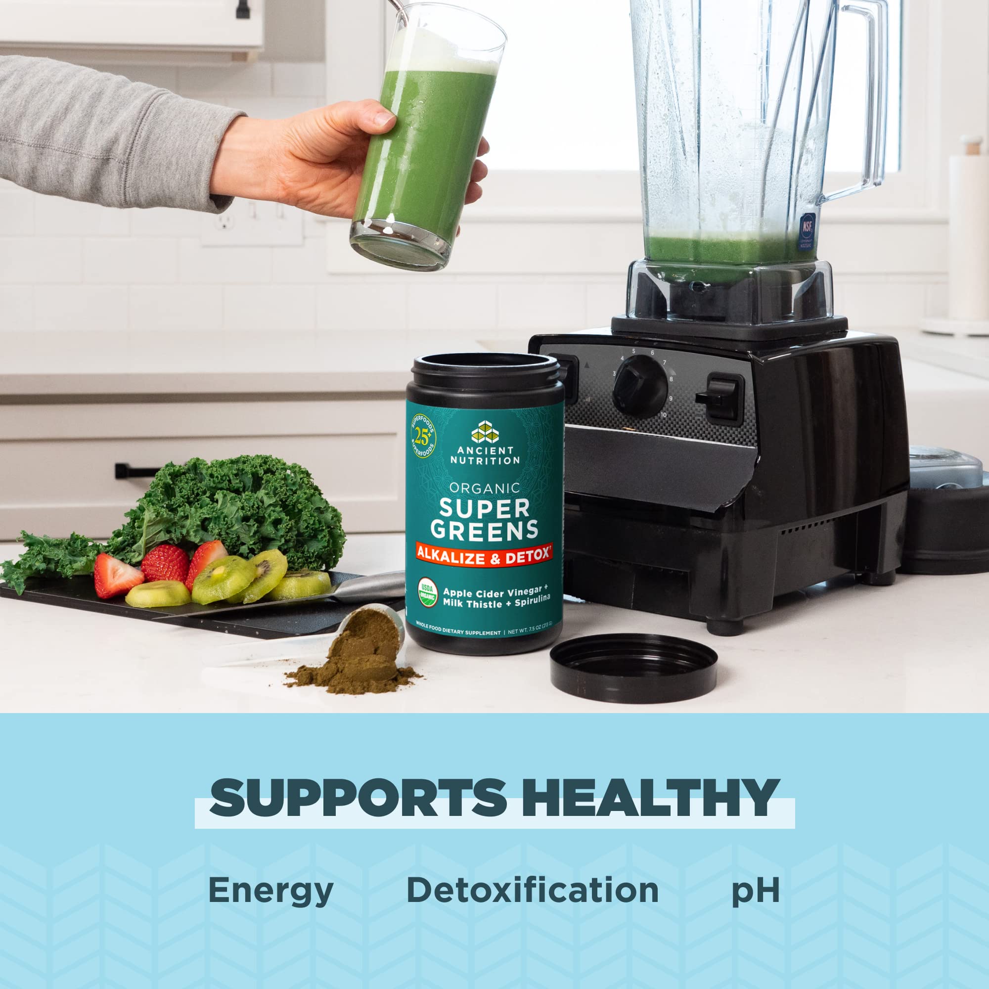 Ancient Nutrition Supergreens Alkalize & Detox Powder, Organic Superfood Powder Made from Real Fruits, Vegetables and Herbs, for Digestive and Energy Support, 25 Servings, 7.5oz