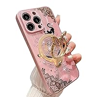 Ring Holder Megnetic Case for iPhone 15 Plus,Cute 3D Rhinestones Bling Sparkle Butterfly Cat Luxury Lace Pattern Compatible with Magsafe Girly for Apple iPhone 15 Plus 6.7'' 2023 (Pink)