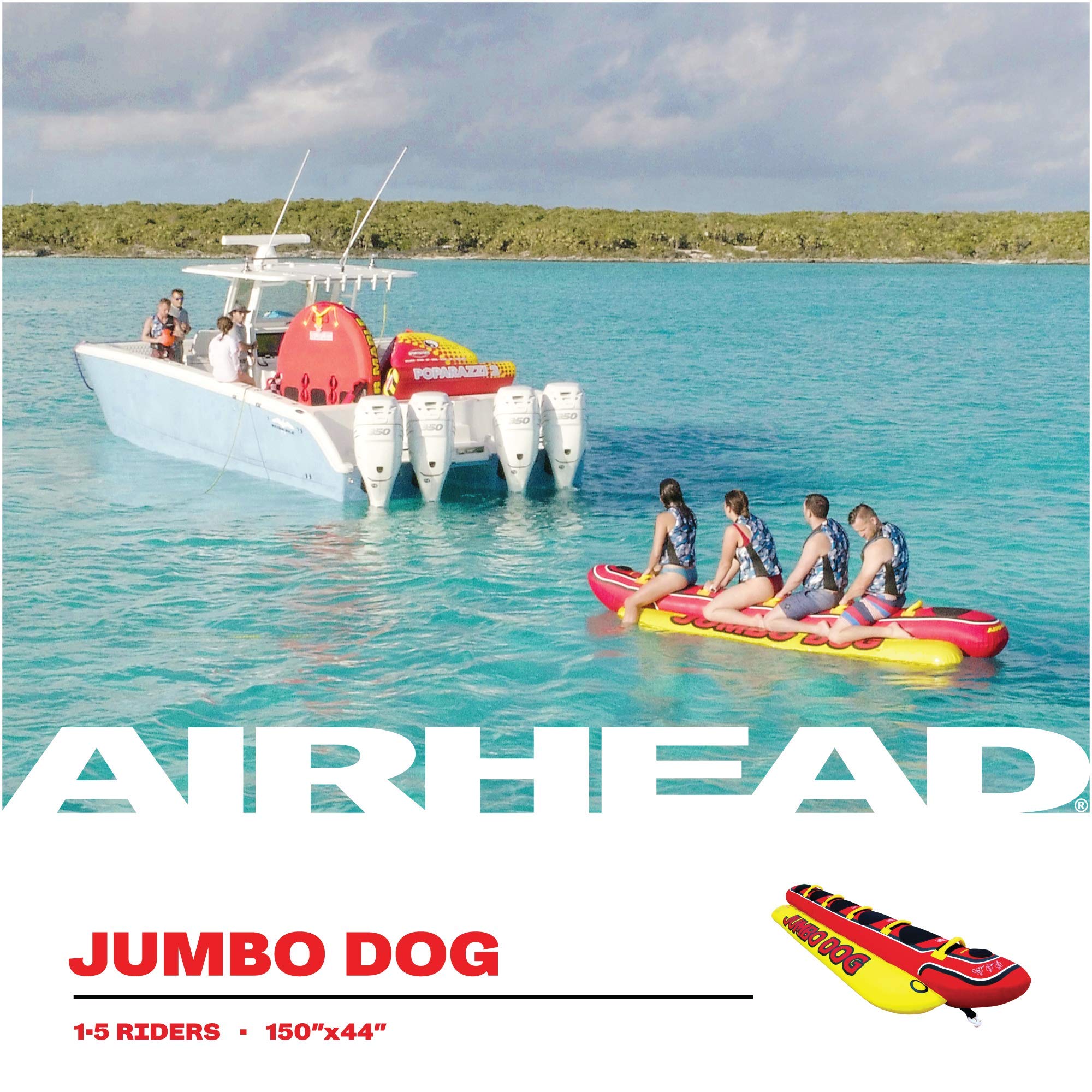 Airhead Hot Dog Towable 1-5 Rider Tube for Boating and Water Sports, Neoprene Seat Pads, Double-Stitched Full Nylon Cover, and Boston Valve for Convenient Inflating & Deflating