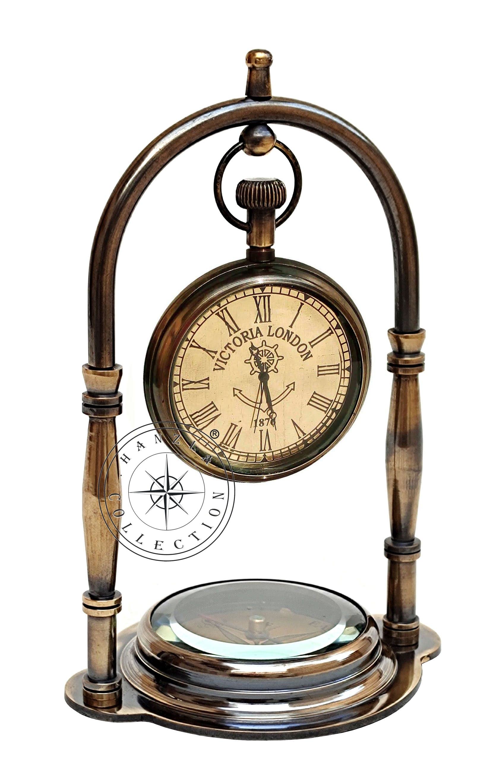 Hanzla Collection Maritime Compass Base Nautical Table Clock Antique Brass Hanging Desk Clock Victoria London Pocket Watch