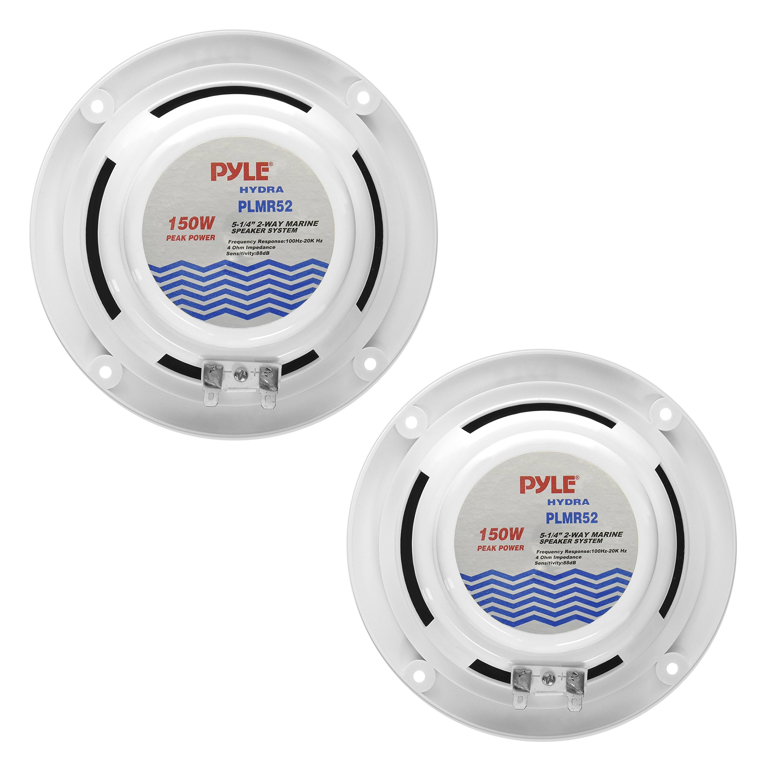 Pyle 5.25 Inch Dual Marine Speakers - 2 Way Waterproof&Weather Resistant Outdoor Audio Stereo Sound System with 150 Watt Power, Cloth Surround and Low Profile Design - 1 Pair - PLMR52, Black/White