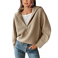 BTFBM Women’s Casual Long Sleeve Half Zip Pullover Sweaters Solid V Neck Collar Ribbed Knitted Loose Slouchy Jumper Tops