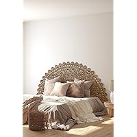 Round Carved King Size Headboard, Circular Teak Wood Mandala Wall Art Hanging, Easy Mounting Low Profile Back Bed, Brown Wash Sealed Finish, 76x38 inches