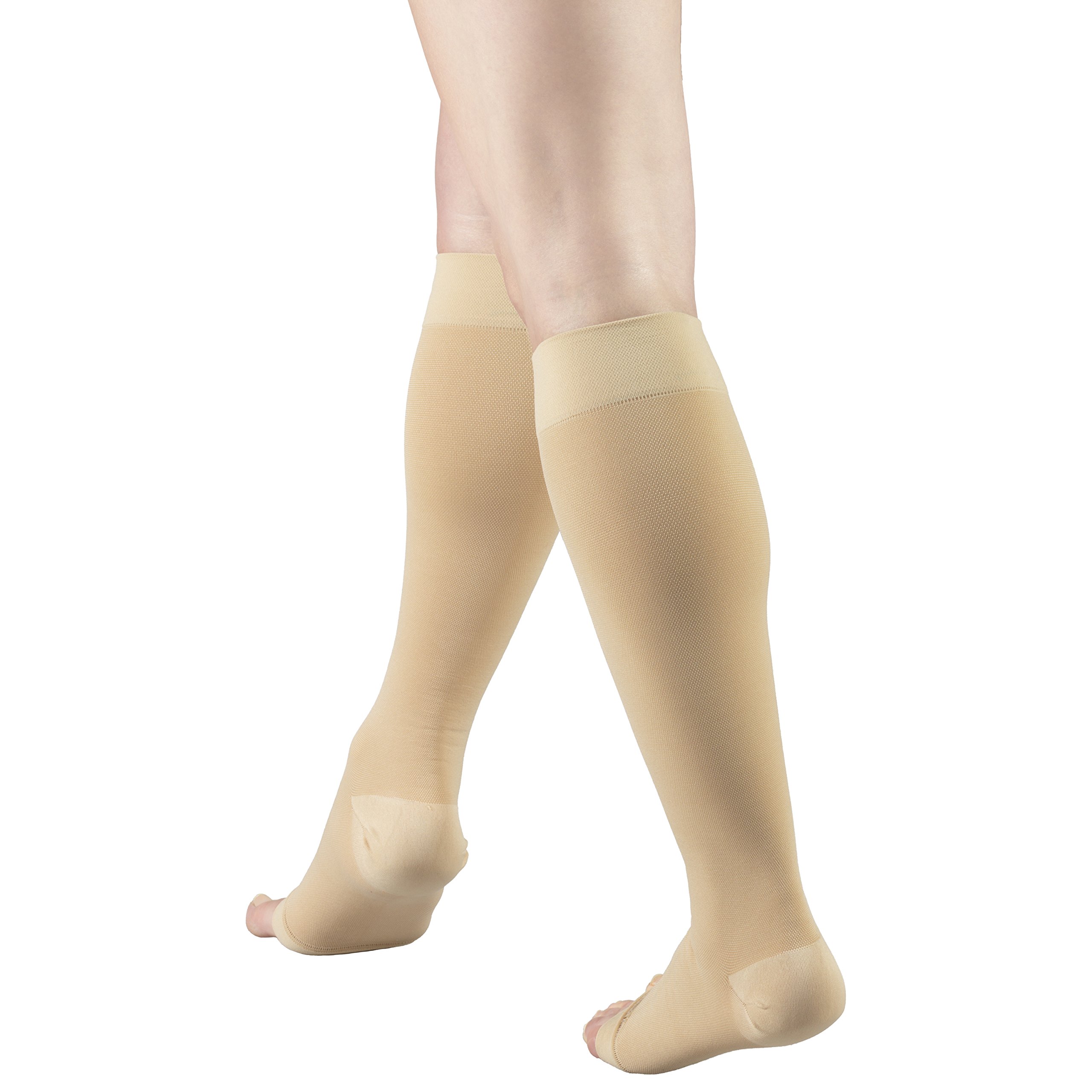 Truform 20-30 mmHg Compression Stockings for Men and Women, Knee High Length, Open Toe, Beige, Large