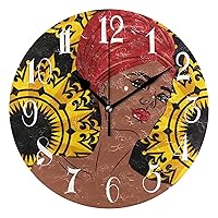 ALAZA Non-Ticking Round Clock, African American Black Beauty Woman Portrait Decorative Battery Operated Wall Clock for Desktop Break Room Apartment Shop