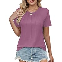 Womens Summer Trendy Top Casual Crew Neck Short Sleeve Pleated Shirts Dressy Blouses Fashion Clothes 2024