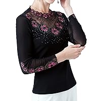 Women's Mesh Tops Long Sleeve Elegant Lace Embroidery Crochet Flower Rhinestone Patchwork Blouses Casual Shirts