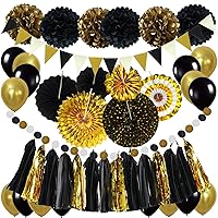 ZERODECO Black and Gold Decorations, Hanging Paper Fans Pom Poms Flowers Tassel Garlands String Triangle Bunting Flags and Balloons for Birthday Graduation Congrats Grad New Years Party Décor