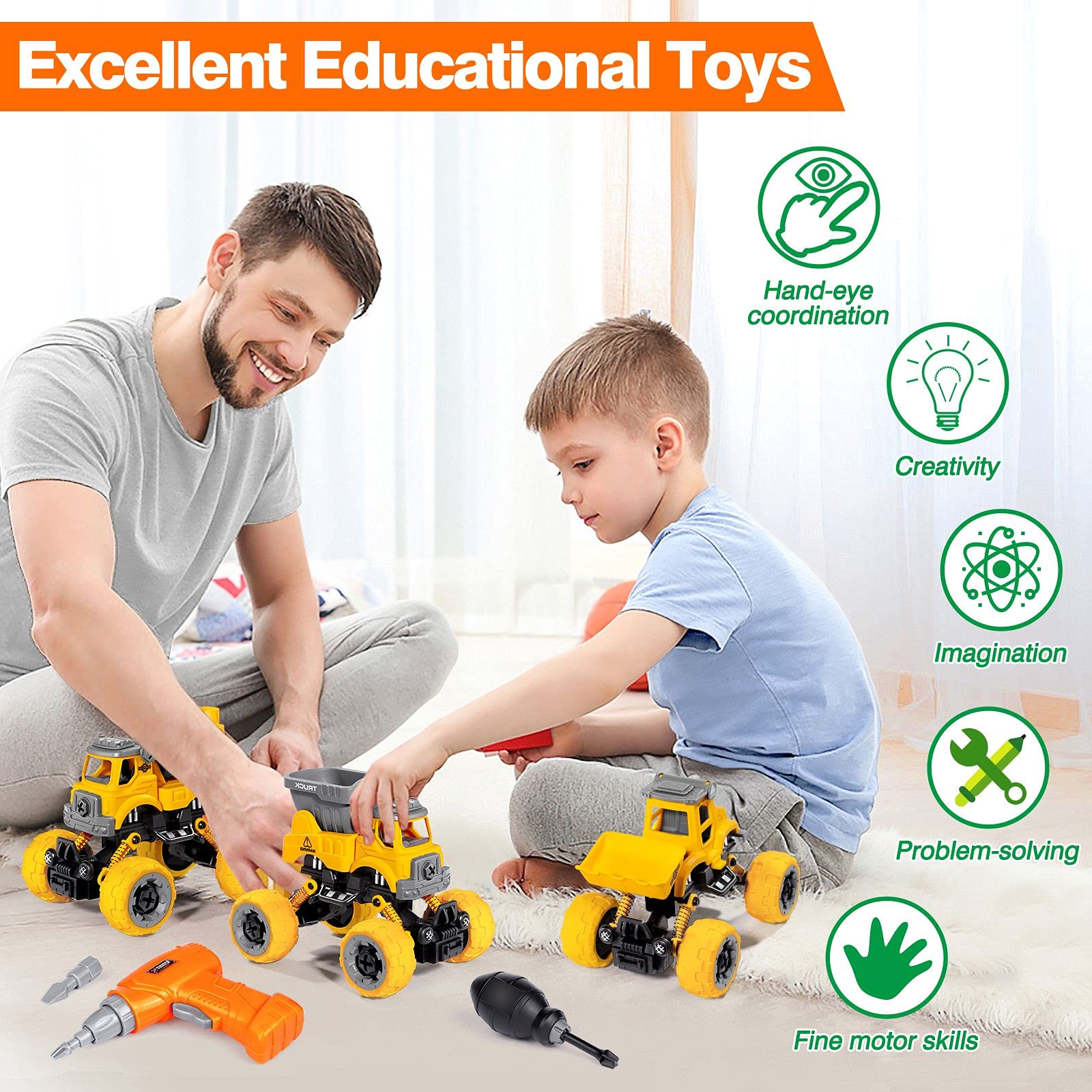 LUDILO 4PCS Take Apart Toys for 4 Year Old Boys Construction Toys with Electric Drill DIY Assembly Building Stem Toys Trucks Gifts for 3 4 5 6 7 8 Year Old Boys Girls Kids Learning Educational Toys