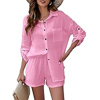 Flygo Women's 2 Piece Outfits Lounge Short Sets Cotton Linen Roll Up Sleeve Button Down Shirt Top Shorts Set