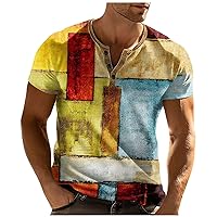 Mens Henley Shirts Fashion Short Sleeve Button Crew Neck Regular Fit T-Shirts Pullover with Print Lightweight Tops