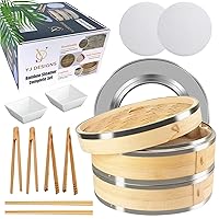 YJ DESIGNS 12 Pcs Stainless Steel Bamboo Steamer Basket Complete Kit- 10 inch (2 Tiers) - Dumpling Steamer Veggie Bamboo basket - Vegetable Food Steamer for Cooking - Rice steamer - Steam Pot Basket