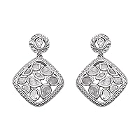 1.00 CTW Natural Diamond Polki Geometric Square Dangles 925 Sterling Silver Platinum Plated Handmade Slice Diamond Earrings