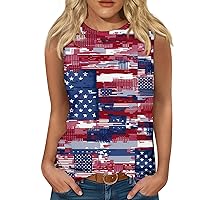 4th of July Tops for Women Star Stripes Tee Shirts Casual America Flag Round Neck Graphic Sleeveless Tee Tops