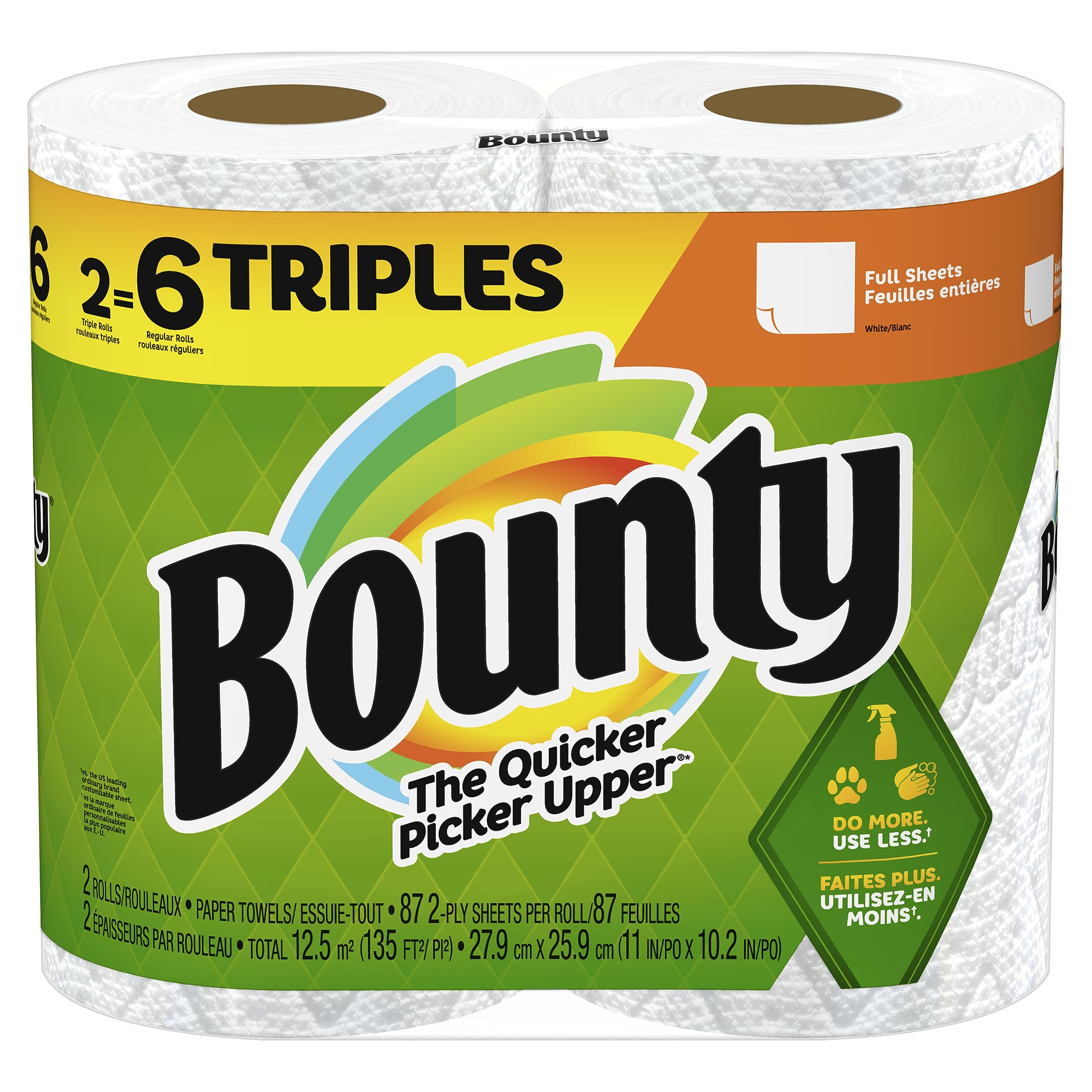 Bounty Full Sheet Paper Towels, White, 2 Triple Rolls - 6 Regular Rolls