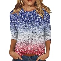 Independence Day Shirts for Women,Independence Day Shirts for Women 3/4 Sleeve Round Neck Patriotic Tops Fashion 4Th of July Shirt 1776 Flag Print Top 1776 Flag