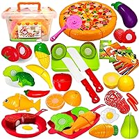 FUNERICA Play Kitchen Cutting Food Toys for Kids - Pretend Cutting Fruits, Vegetables, Cuttable Pizza Pie, Poultry and Fish, Toddler Play Kitchen Accessories with Pots and Utensils