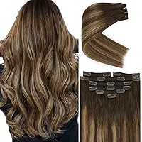 [Sunny and Ve Sunny] Clip in Hair Extensions Real Human Hair Balayage Chocolate Brown Ombre Caramel Brown 20inch 240G