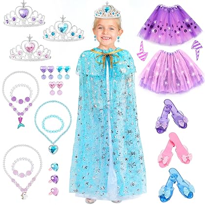 Princess Dress Up Shoes and Jewelry Boutique -Girls Pretend Play Set w Cloak & Tutu Skirt, 3 Pairs Princess Shoes Pretend Jewelry Accessories Girls Toddlers Beauty Birthday Gifts Princess Toys Years3+
