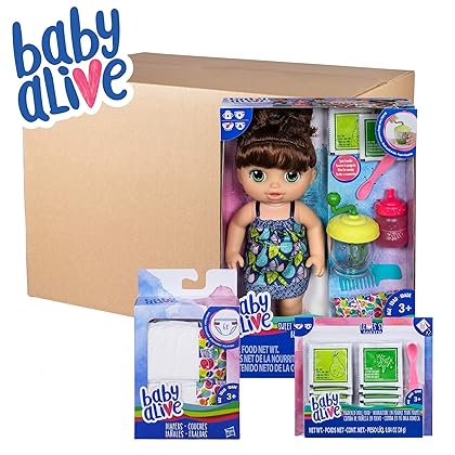Baby Alive Sweet Spoonfuls Baby Brown Hair Doll, Bundle Exclusive, Powdered Food and Diaper Refill, Toy for Kids 3 Years Old and Up