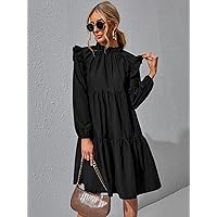 Necklaces for Women Ruffle Trim Ruched Front Smock Dress (Color : Black, Size : L)