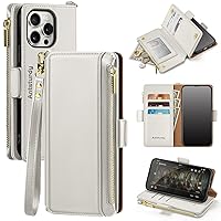 Antsturdy iPhone 14 Pro Wallet case with Card Holder for Women Men,【RFID Blocking】 iPhone 14 Pro Phone case PU Leather Flip Folio Shockproof Cover with Strap Zipper Credit Card Slots,(Beige)