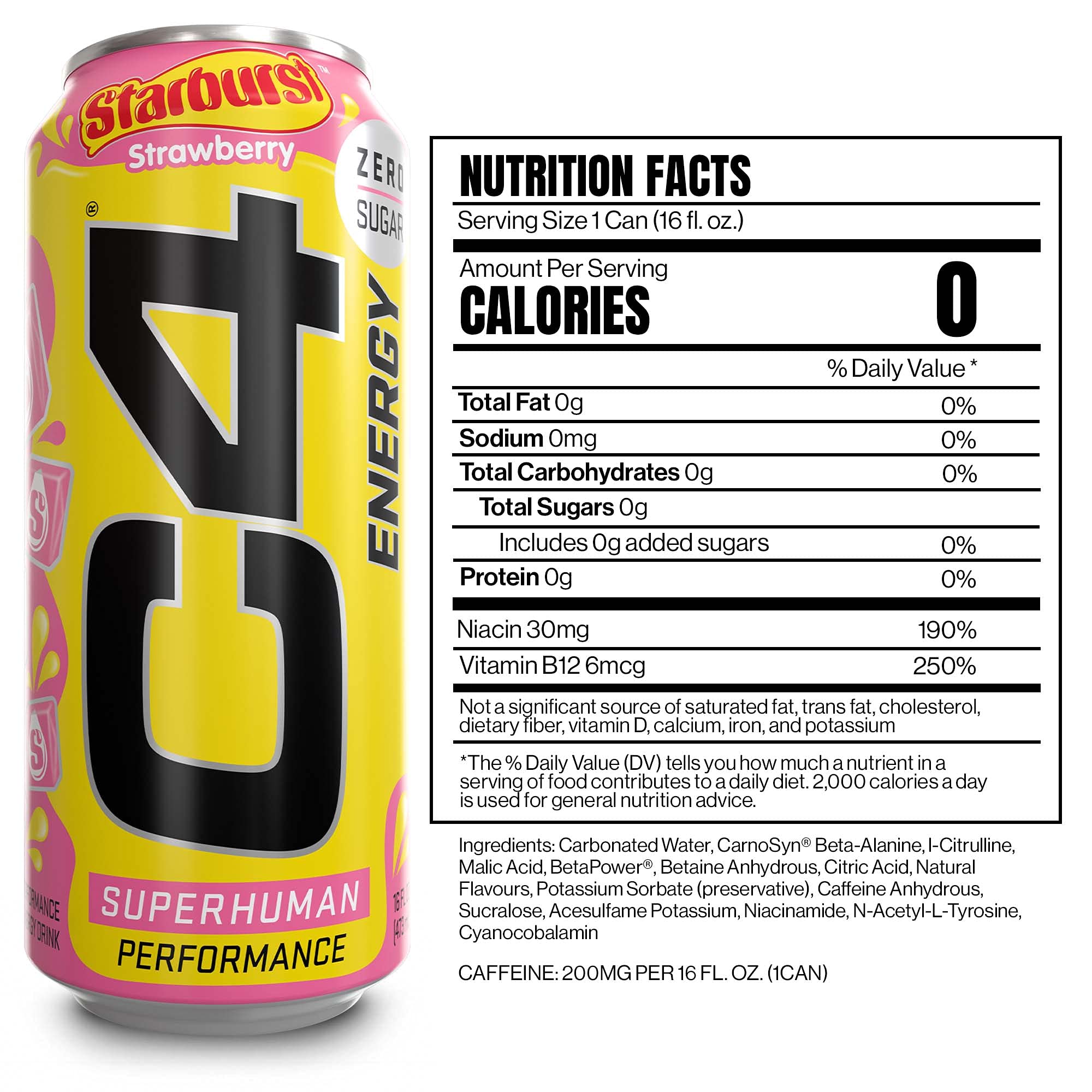 Cellucor C4 Energy Drink, STARBURST Strawberry, Carbonated Sugar Free Pre Workout Performance Drink with no Artificial Colors or Dyes, Pack of 12