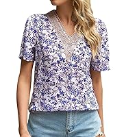 Womens Tops Casual Spring Women's Fashion Casual Summer V Neck Prints Color Gold Lace Stitching Short Sleeve L