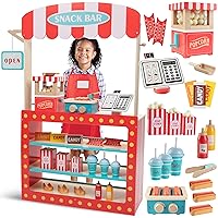 Movie Theatre Snack Bar Wooden Playset - Pretend Concession Stand Fun- Full Set Includes Popcorn Machine, Hot Dogs, Candy Bars, Sodas, Cash Register, Credit Card & More