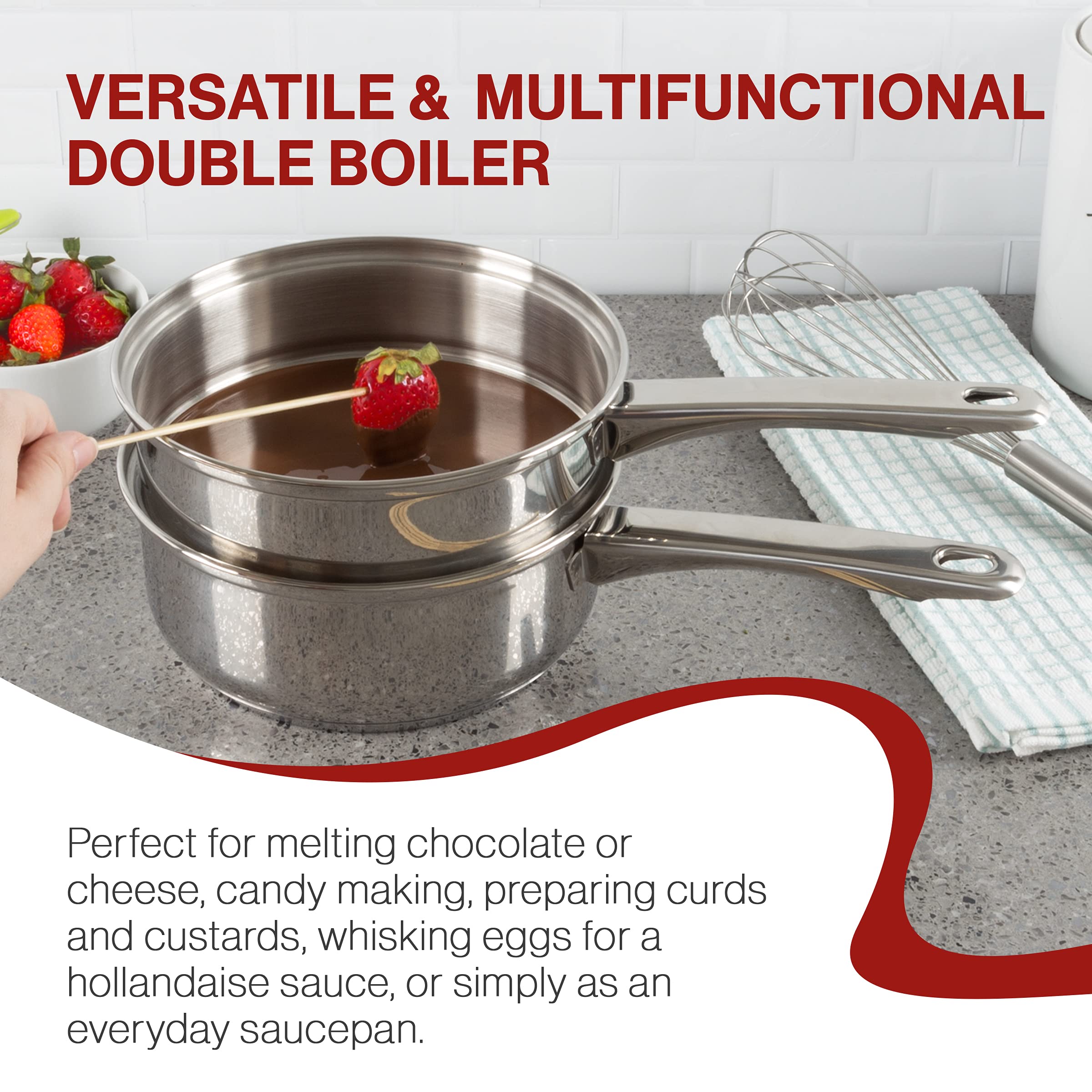 Stainless Steel 6 Cup Double Boiler – 1.5 Quart Saucepan 2-in-1 Combo with Vented Glass Lid- Kitchen Cookware with Measurements by Classic Cuisine
