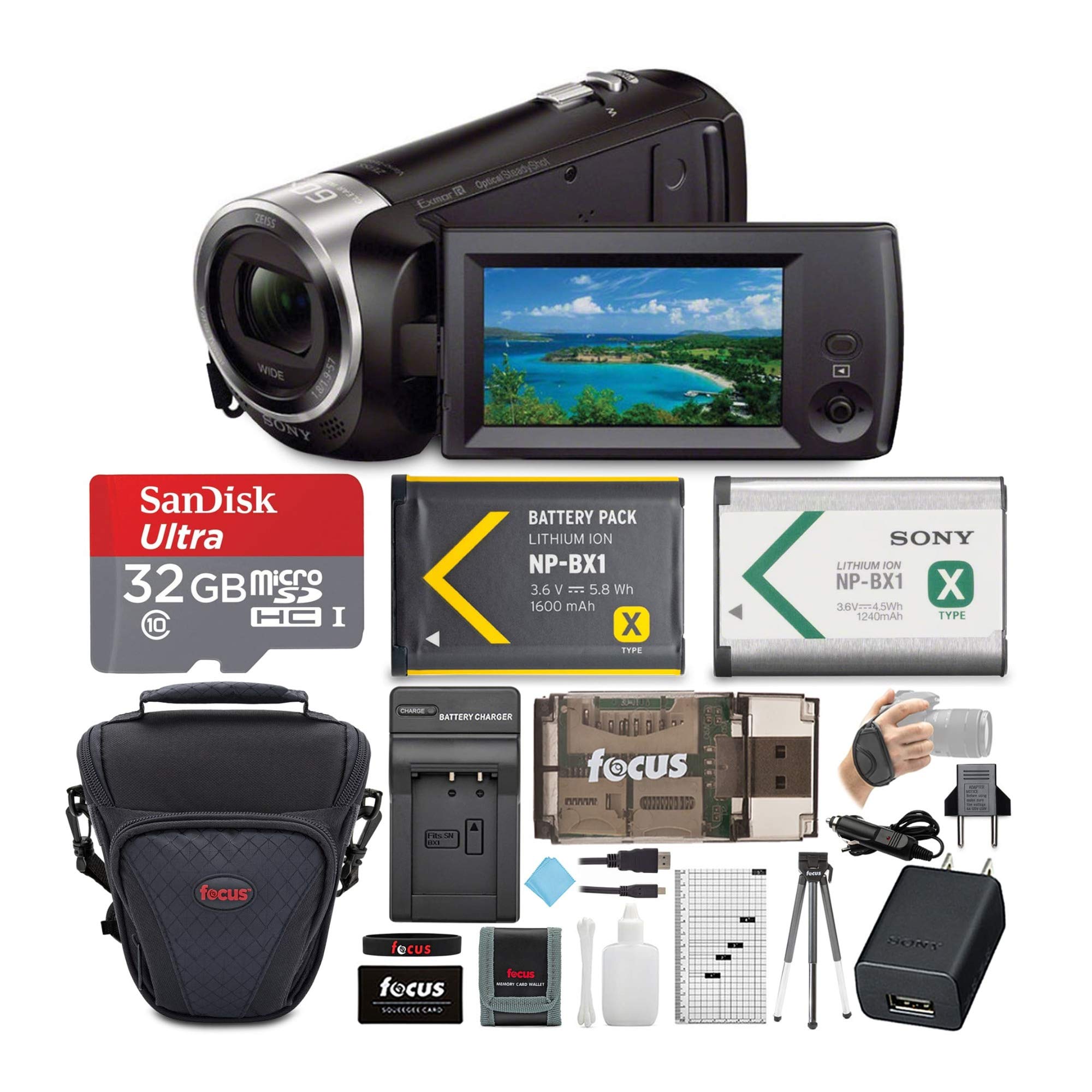 Sony CX405 Handycam 1080p Camcorder Bundle with 32GB SD Card, Case, Tripod, Card Reader, Battery, and Portable Accessory (7 Items)