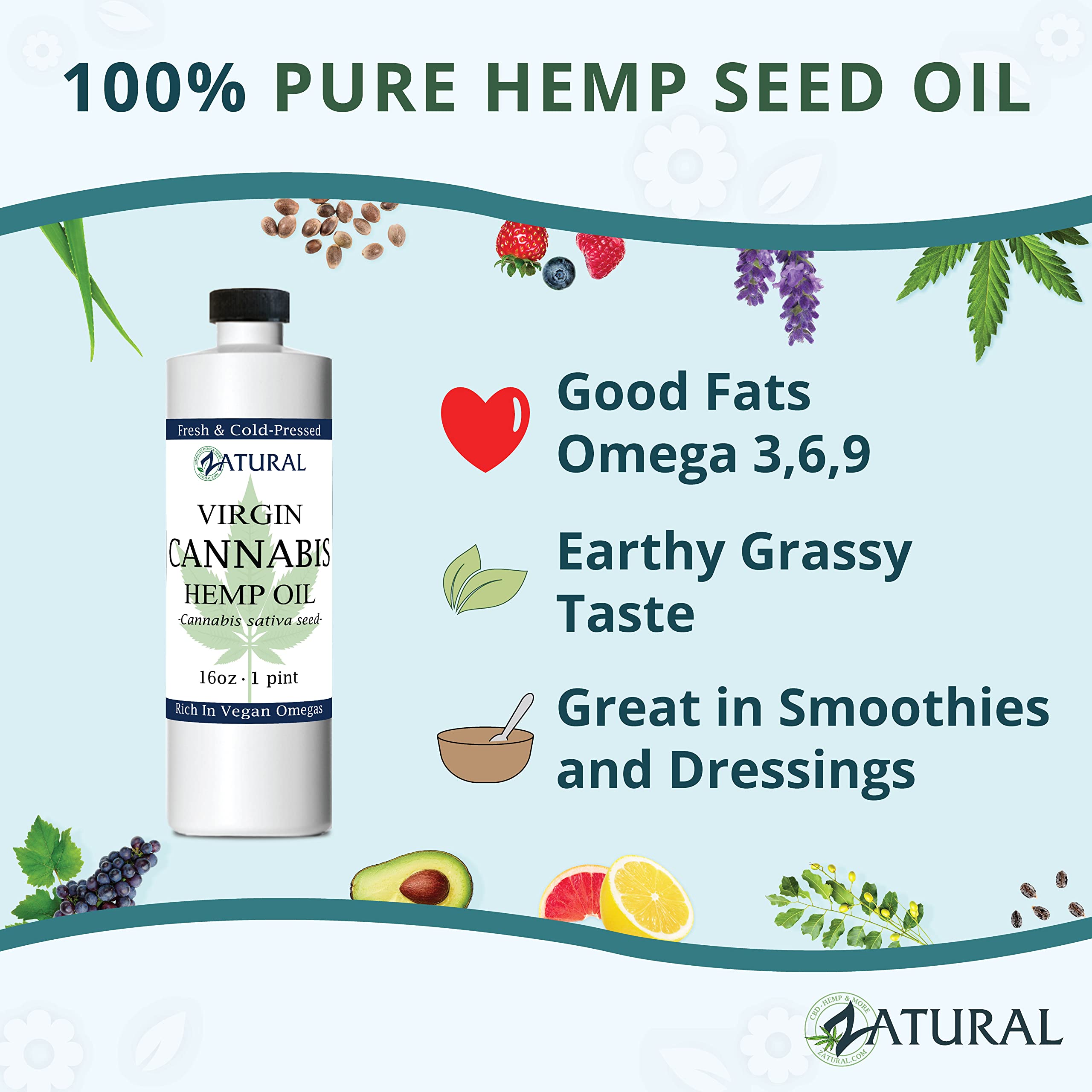 Zatural Hemp Oil (455,000mg - 16oz) 100% Pure Cold Pressed High Vegan Omegas 3 & 6 No Fillers or Additives Therapeutic Grade (16 Ounce)