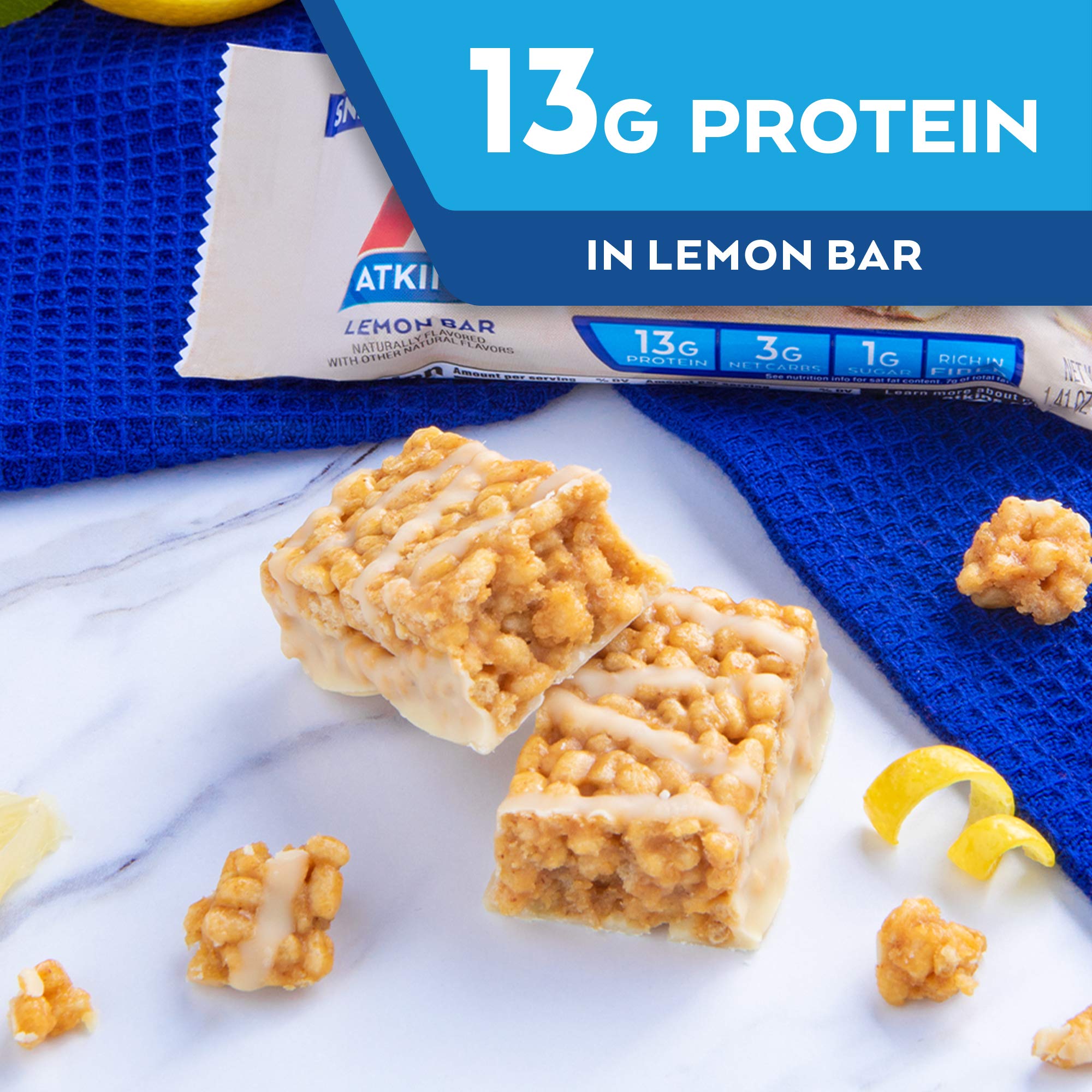Atkins Lemon Snack Bar, Made with Real Almond Butter, 1g Sugar, Gluten Free, High in Fiber, Keto Friendly, 8 Count