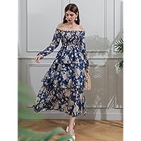 KAILAI Women's Dress Allover Floral Print Off The Shoulder Shirred Layered Hem Dress (Color : Dusty Blue, Size : XX-Large)