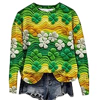 St Patrick's Day Sweatshirt Women Lucky Four-Leaf Clover Print Green Long Sleeve Pullover Tops Casual Crew Neck Sweatshirts